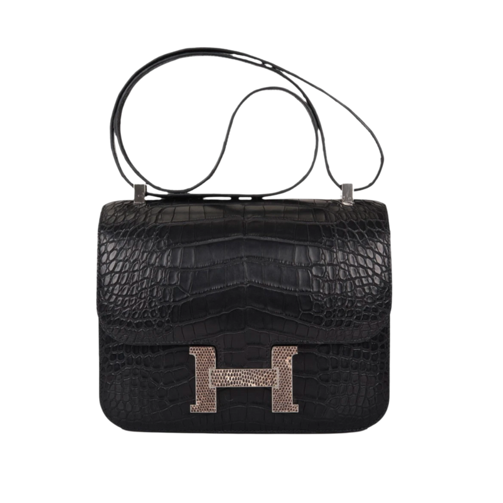 HRMS Constance 24 Matte Black Alligator Ombre Lizard Marquette Palladium Hardware.