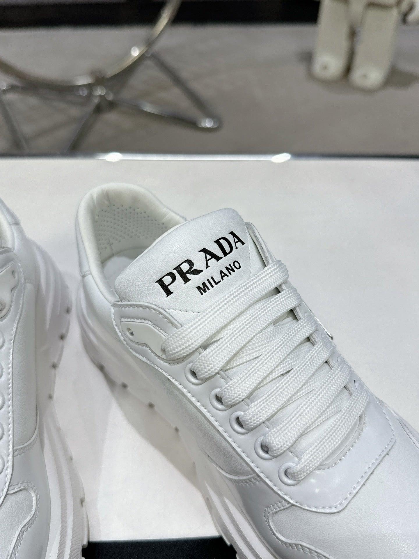 PRD Triangle Logo Leather Sneakers Triple White-046 Designer Sneakers