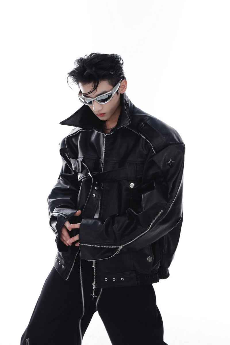 Zipper Leather Jacket With Logo