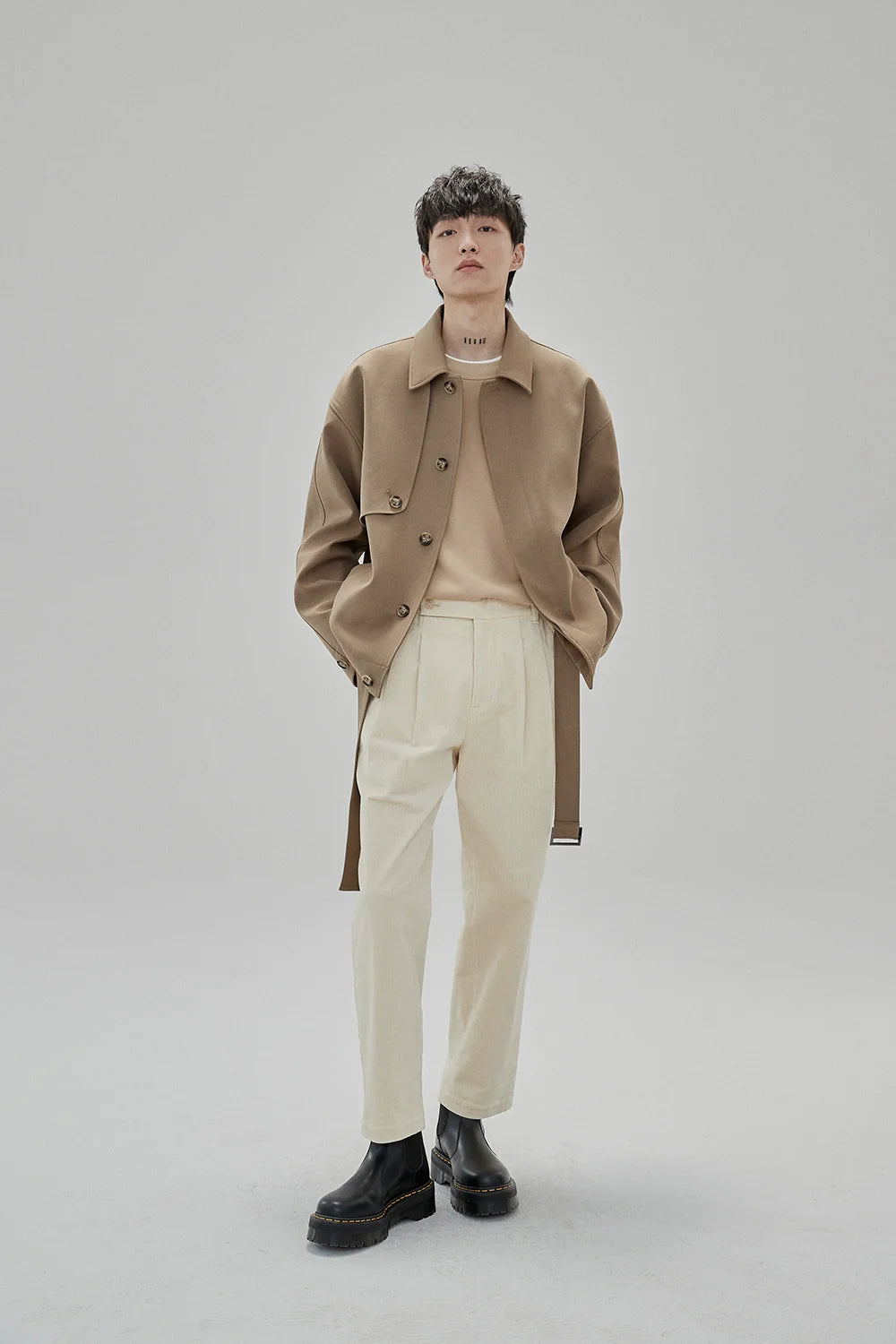 Wide Waist Tab Double-Pleated Relaxed Cropped Pants - Goatlv