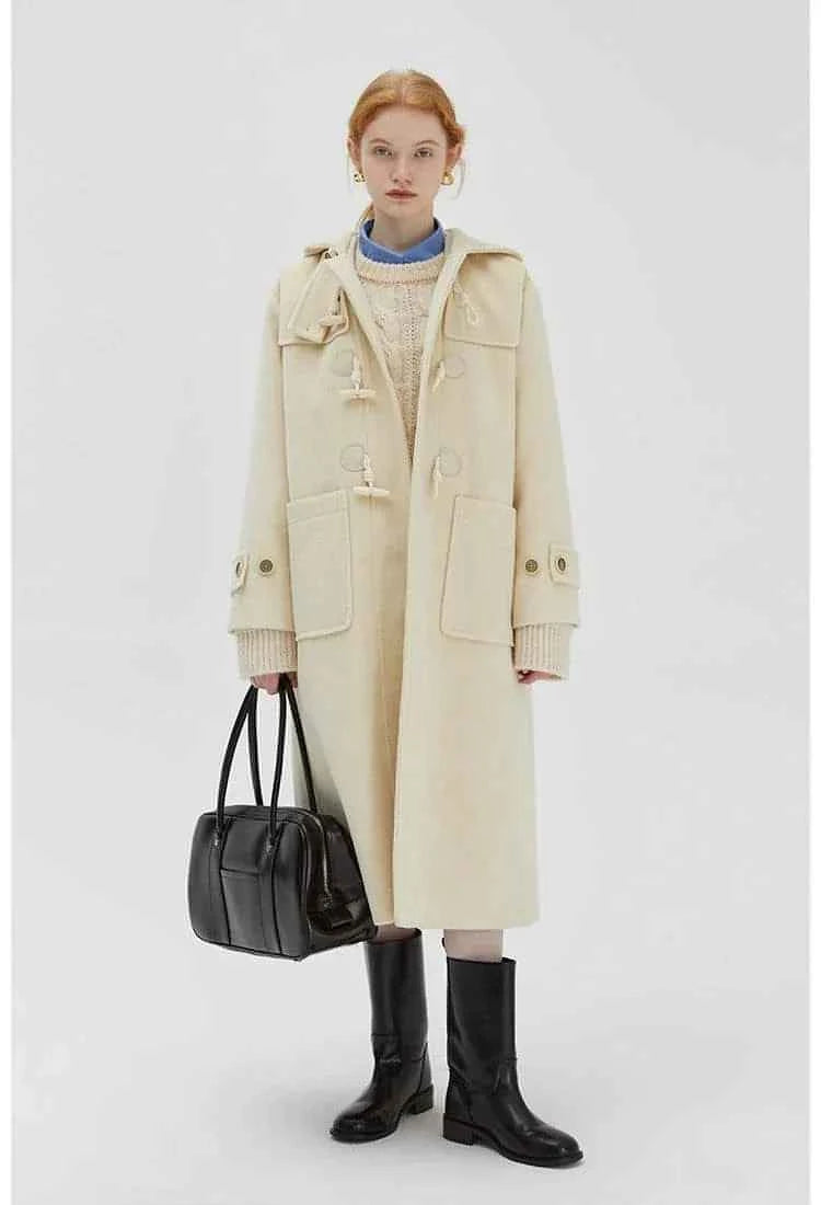 Winter Thicken College Style Hooded Mid-Length Melton Wool Coat
