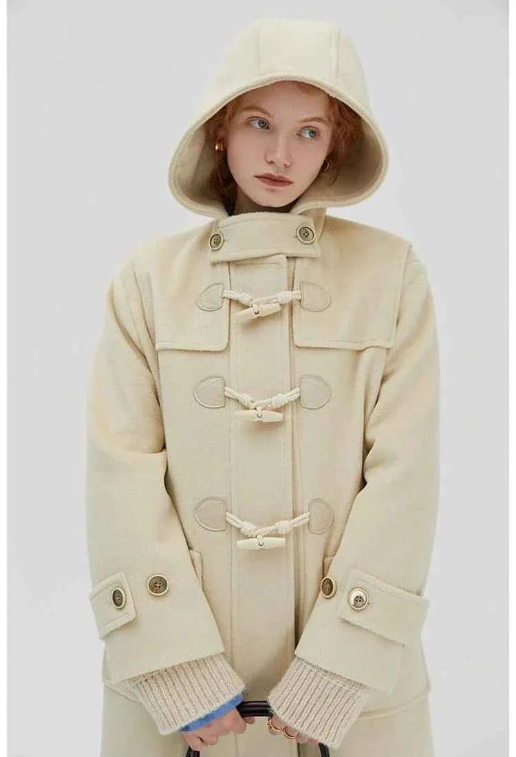 Winter Thicken College Style Hooded Mid-Length Melton Wool Coat