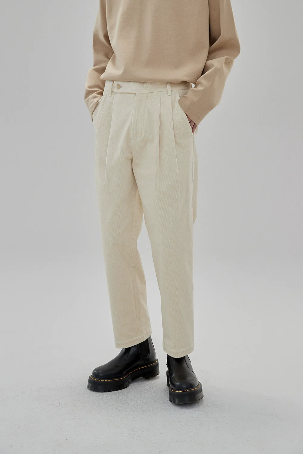 Wide Waist Tab Double-Pleated Relaxed Cropped Pants - Goatlv