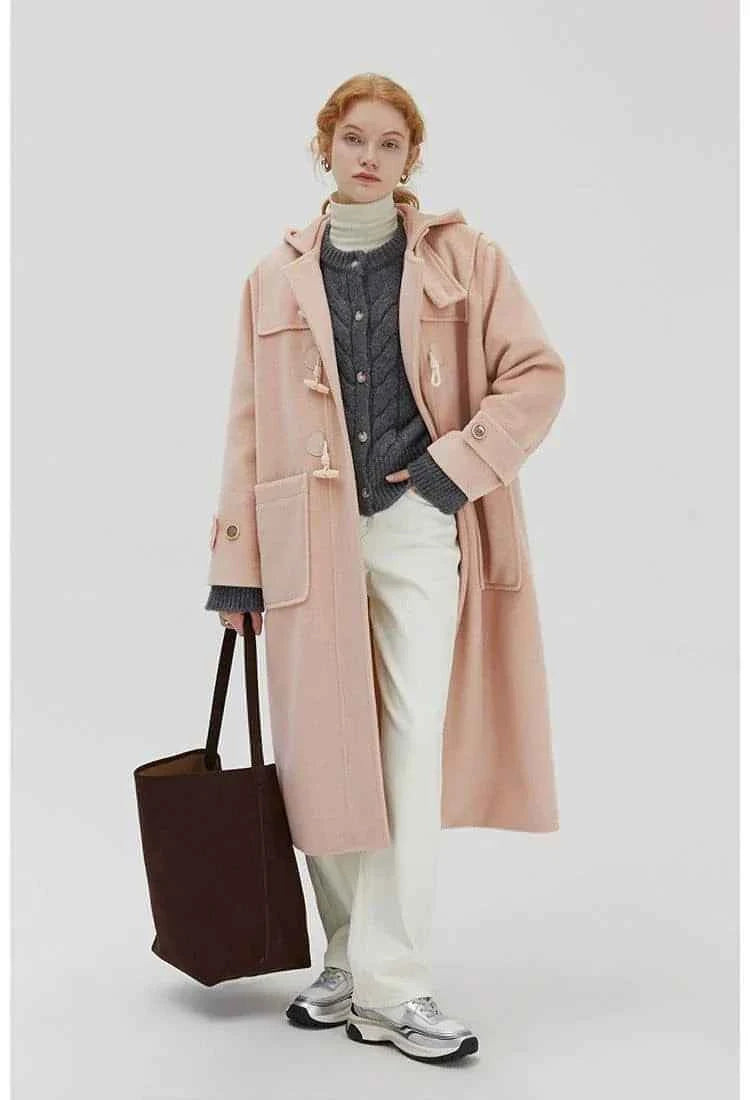 Winter Thicken College Style Hooded Mid-Length Melton Wool Coat