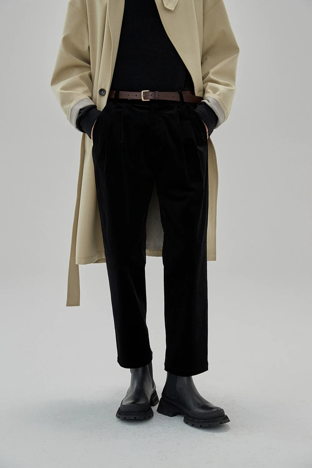 Wide Waist Tab Double-Pleated Relaxed Cropped Pants - Goatlv