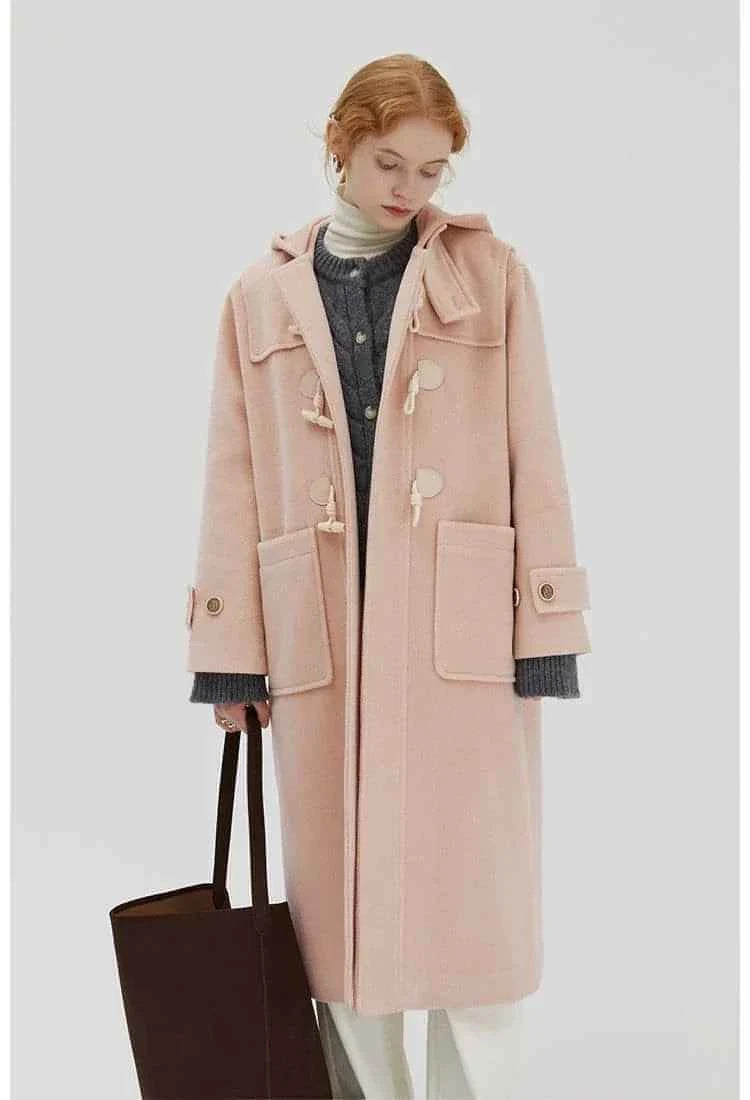 Winter Thicken College Style Hooded Mid-Length Melton Wool Coat