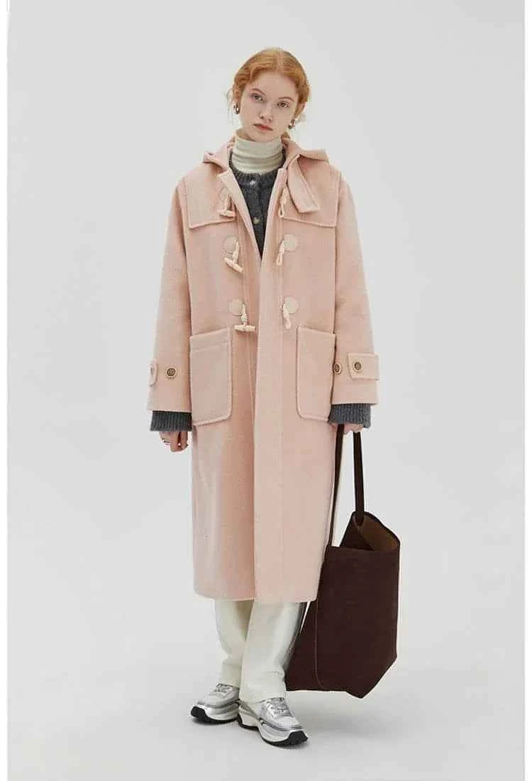 Winter Thicken College Style Hooded Mid-Length Melton Wool Coat