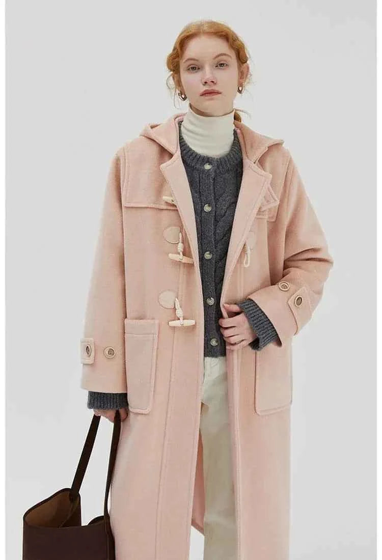 Winter Thicken College Style Hooded Mid-Length Melton Wool Coat