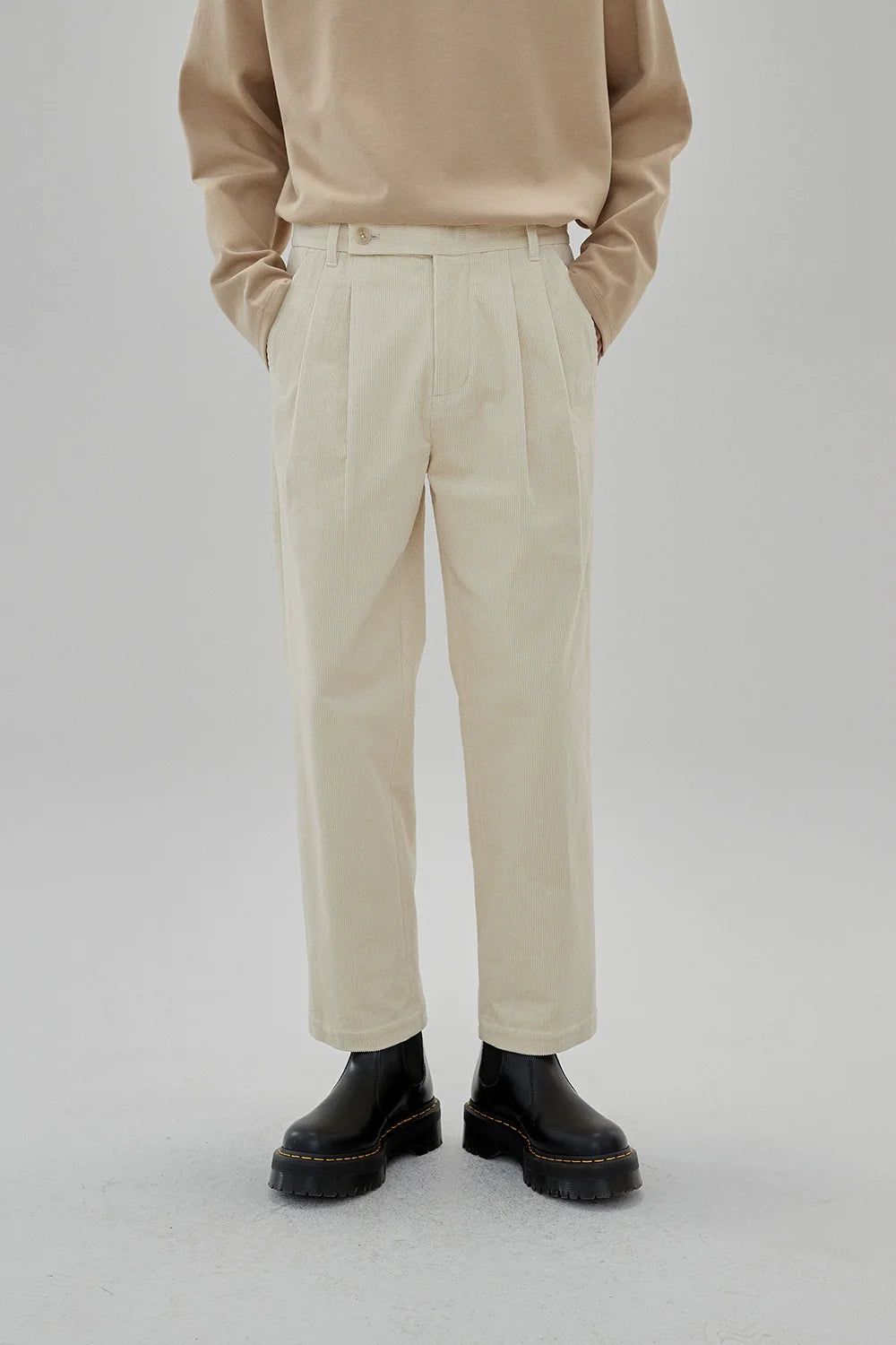 Wide Waist Tab Double-Pleated Relaxed Cropped Pants - Goatlv