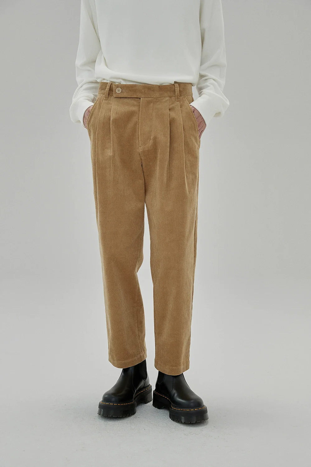 Wide Waist Tab Double-Pleated Relaxed Cropped Pants - Goatlv