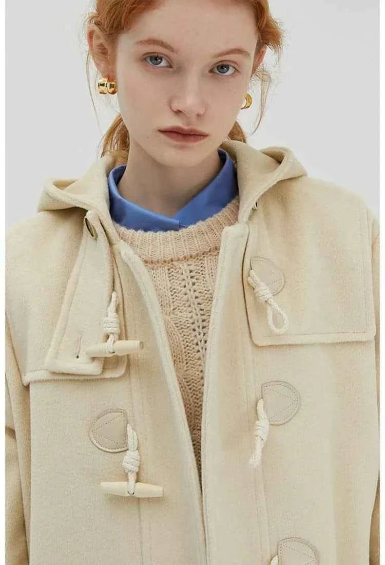 Winter Thicken College Style Hooded Mid-Length Melton Wool Coat