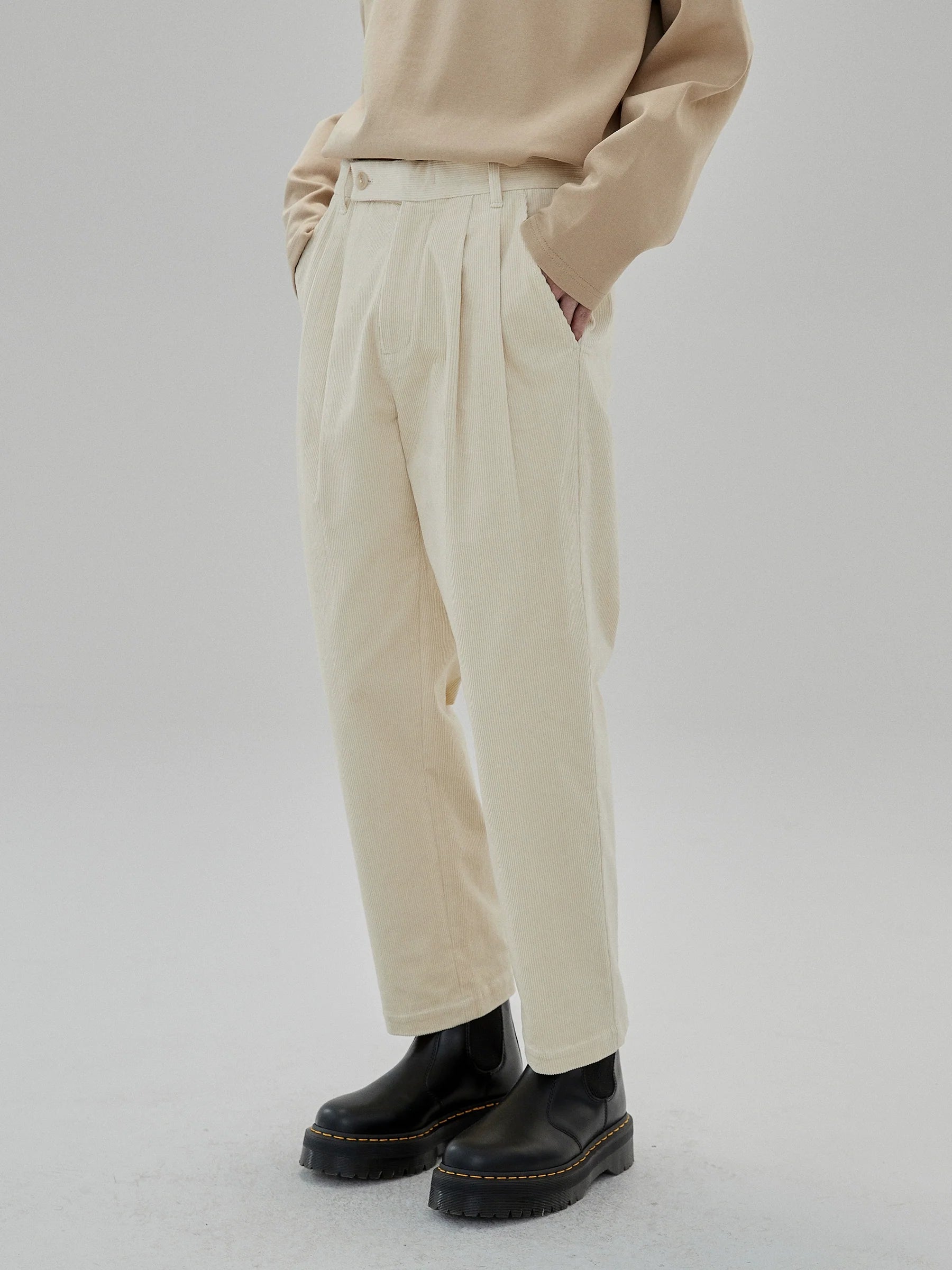 Wide Waist Tab Double-Pleated Relaxed Cropped Pants - Goatlv