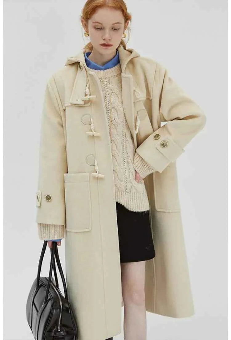 Winter Thicken College Style Hooded Mid-Length Melton Wool Coat