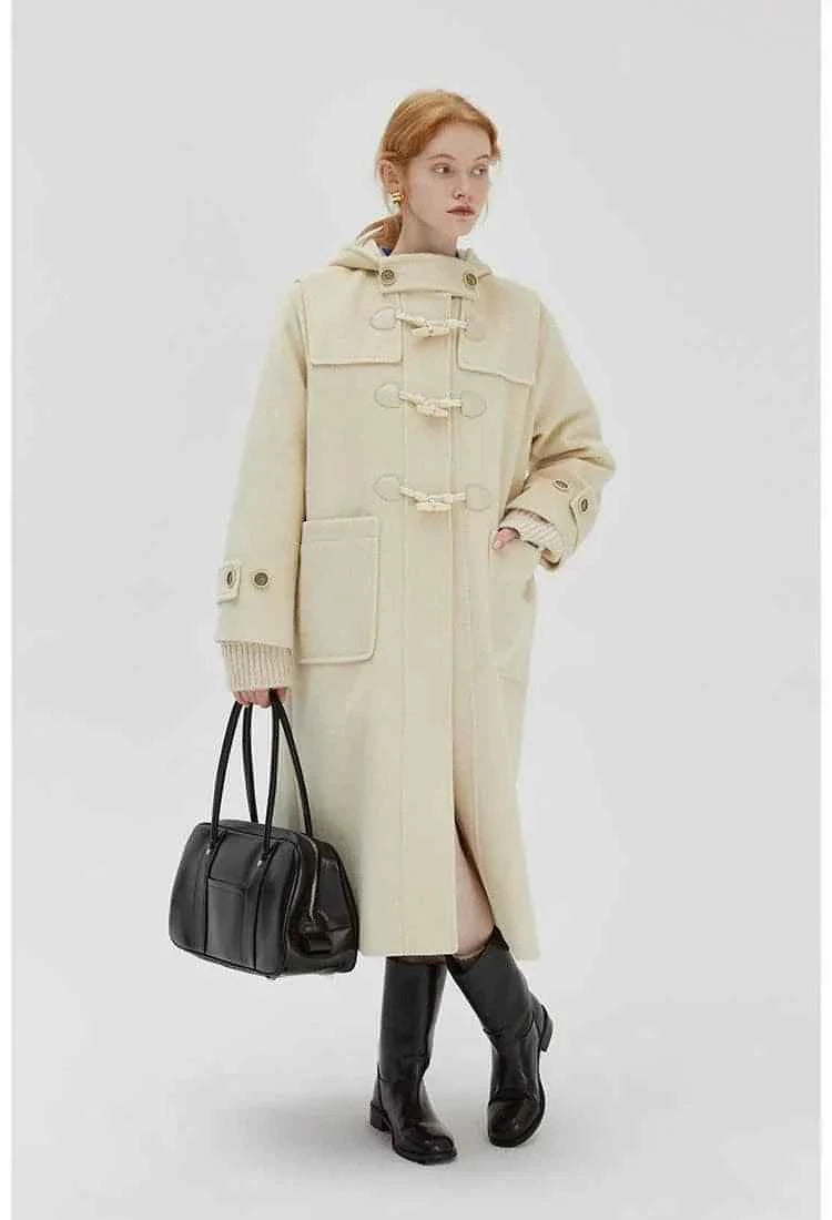Winter Thicken College Style Hooded Mid-Length Melton Wool Coat