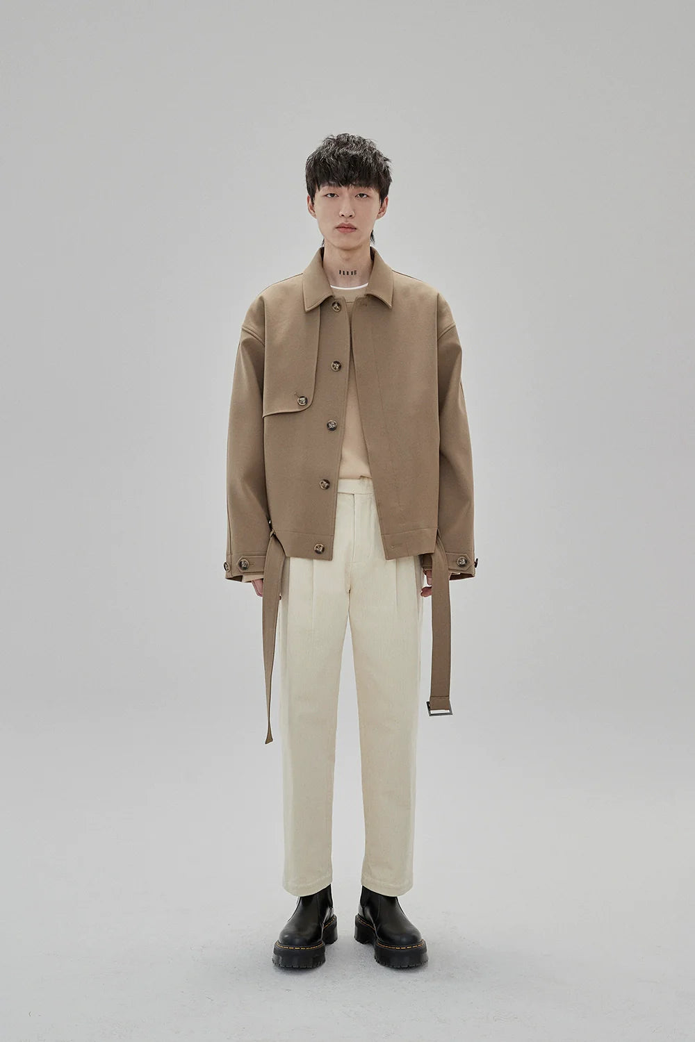 Wide Waist Tab Double-Pleated Relaxed Cropped Pants - Goatlv