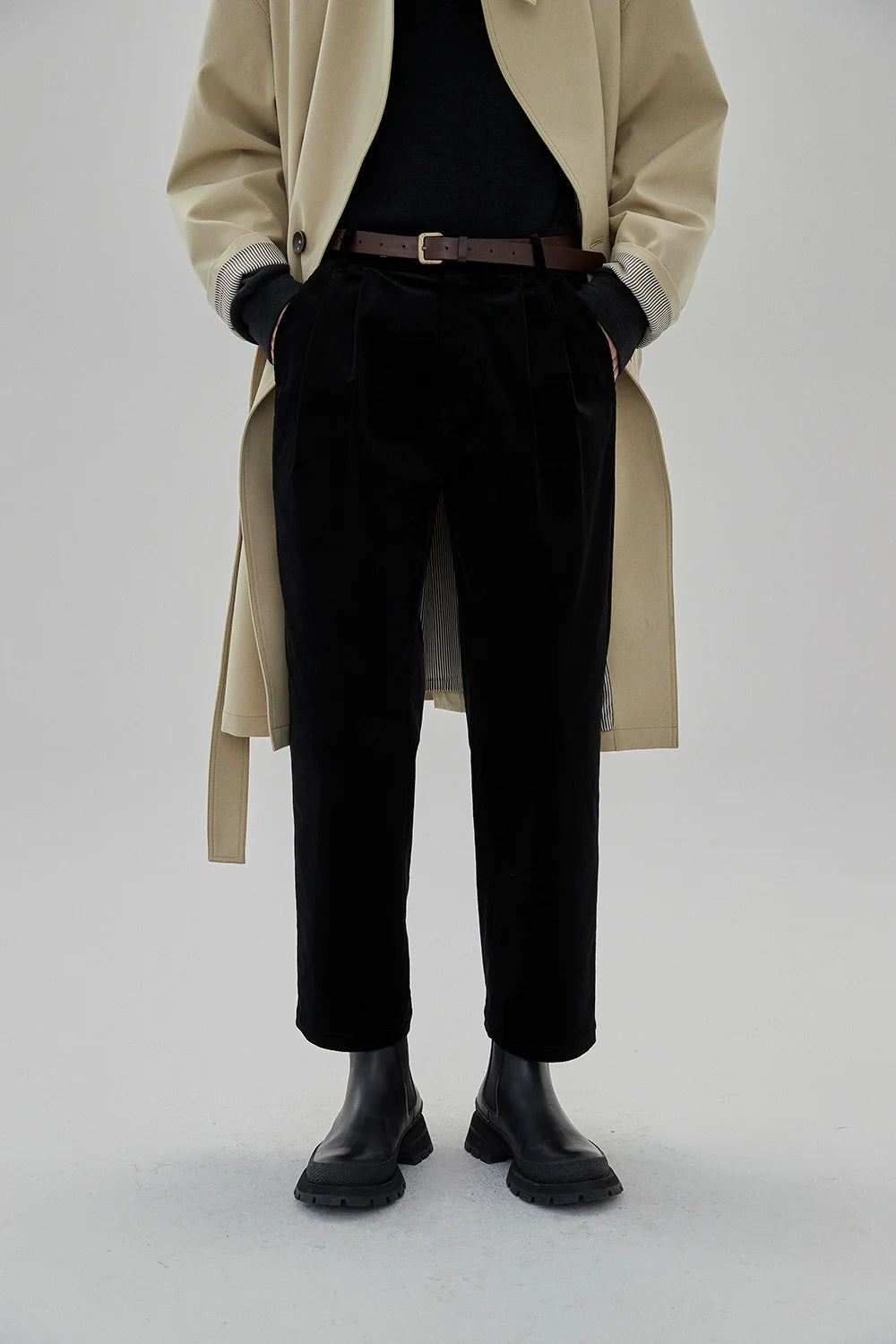 Wide Waist Tab Double-Pleated Relaxed Cropped Pants - Goatlv