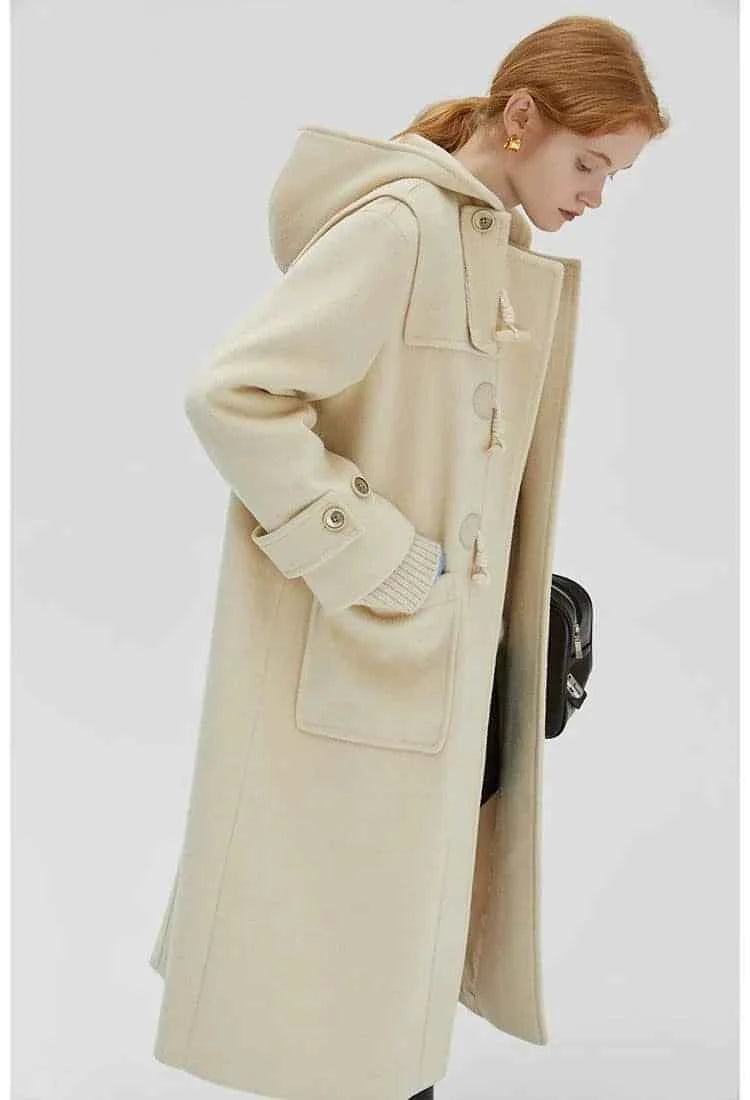 Winter Thicken College Style Hooded Mid-Length Melton Wool Coat