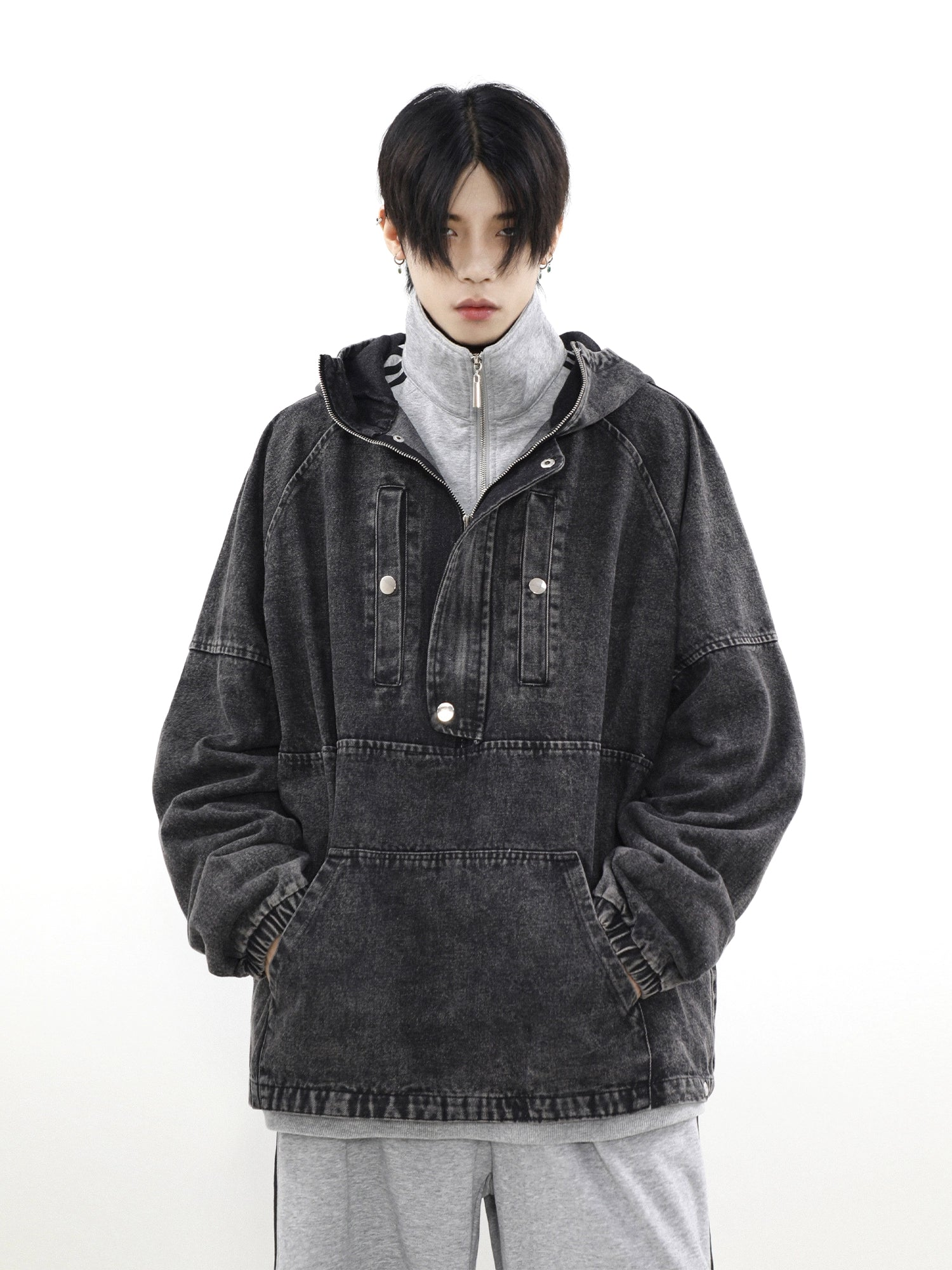 Zip-Front Denim Oversize Hoodie - Goatlv