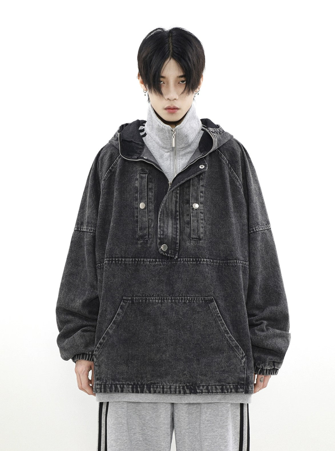Zip-Front Denim Oversize Hoodie - Goatlv