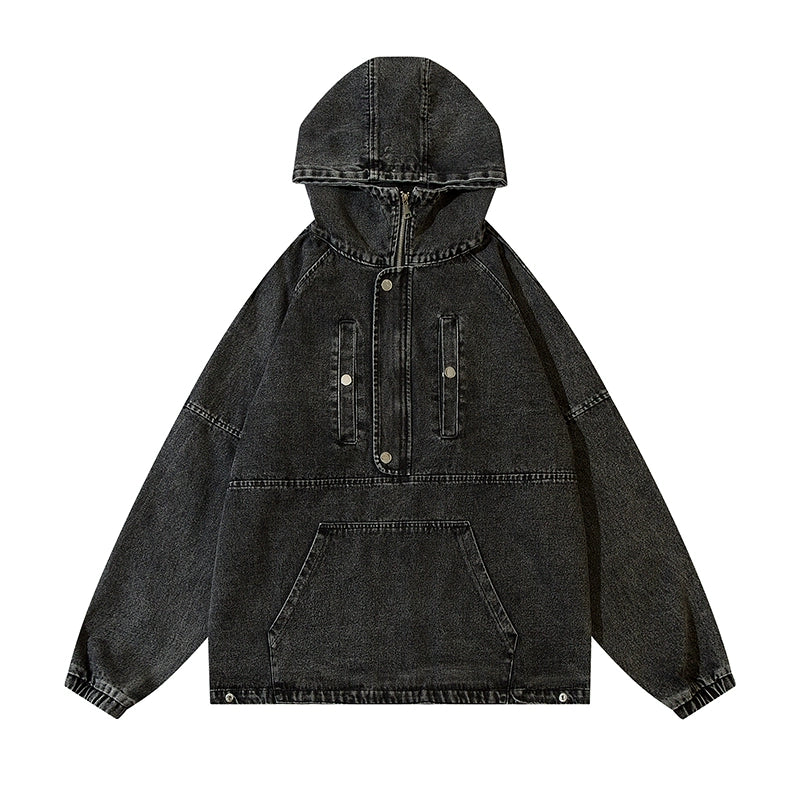Zip-Front Denim Oversize Hoodie - Goatlv