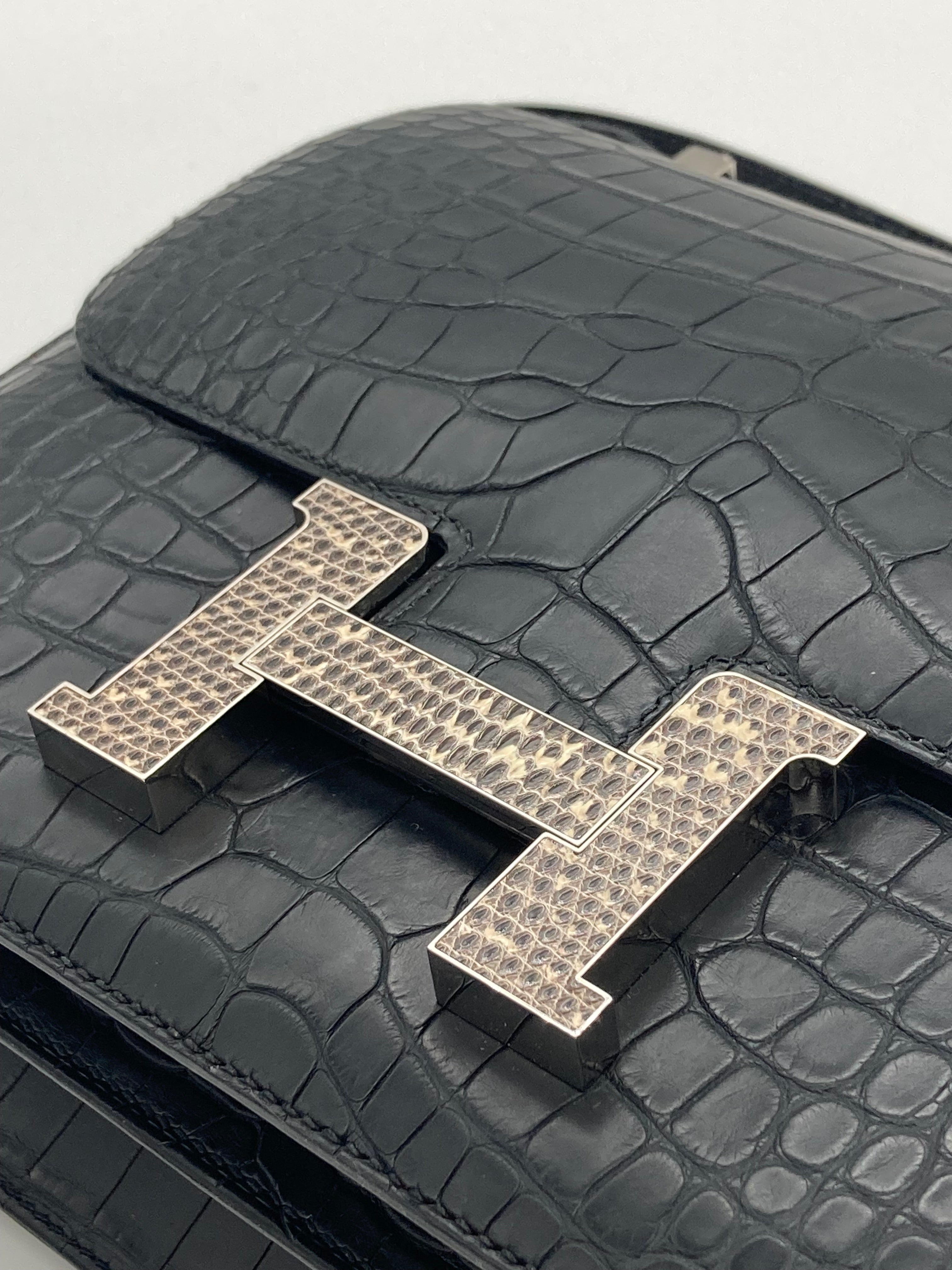 HRMS Constance 24 Matte Black Alligator Ombre Lizard Marquette Palladium Hardware.