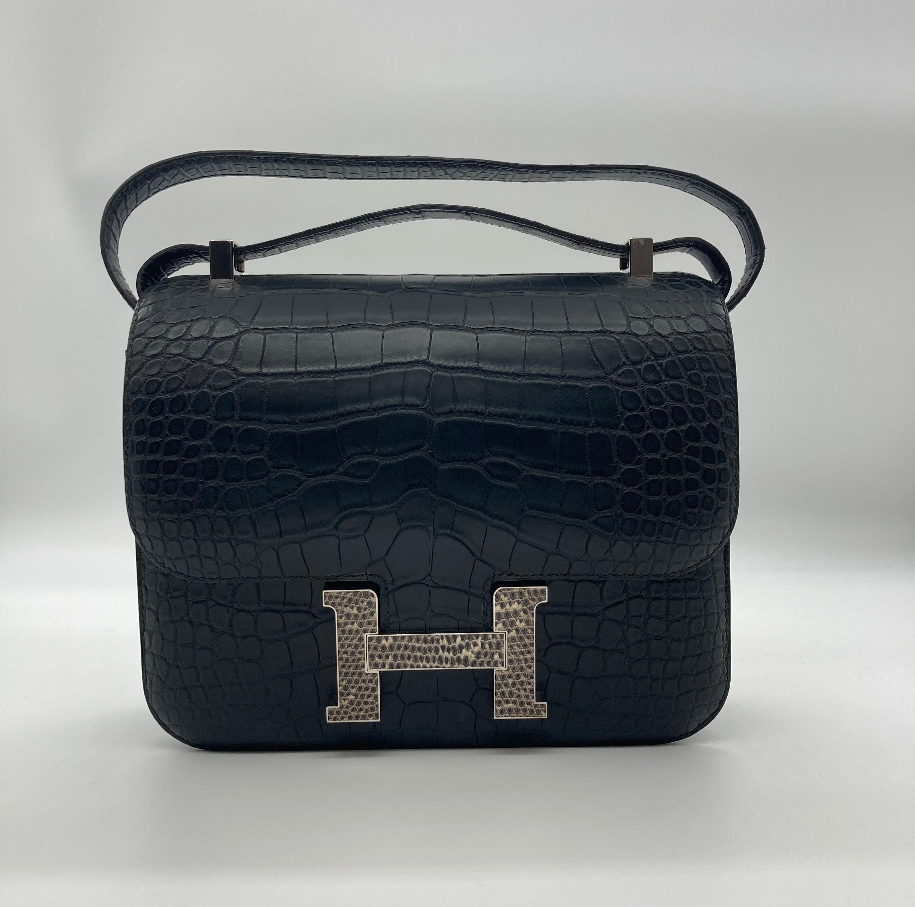 HRMS Constance 24 Matte Black Alligator Ombre Lizard Marquette Palladium Hardware.