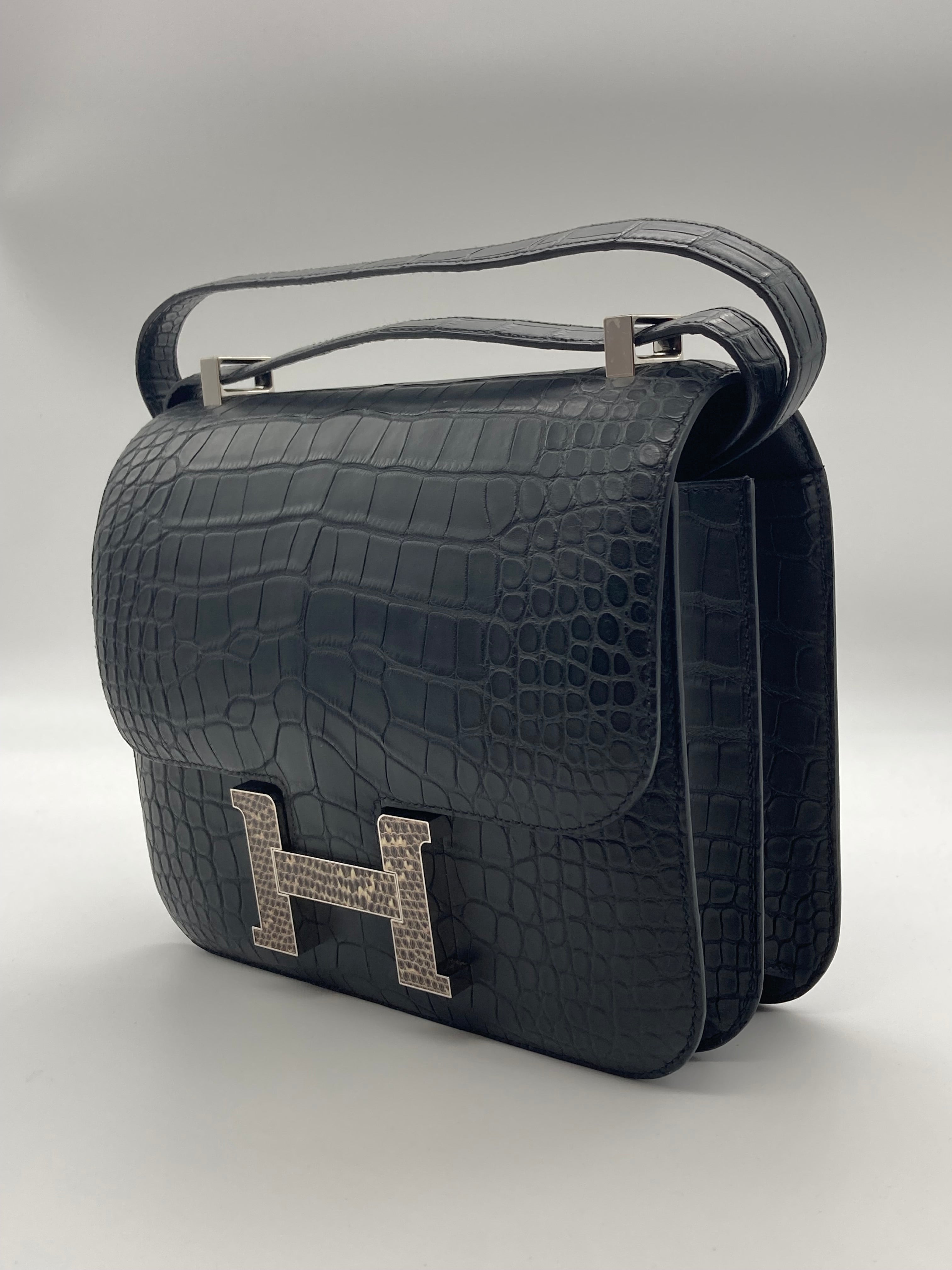HRMS Constance 24 Matte Black Alligator Ombre Lizard Marquette Palladium Hardware.