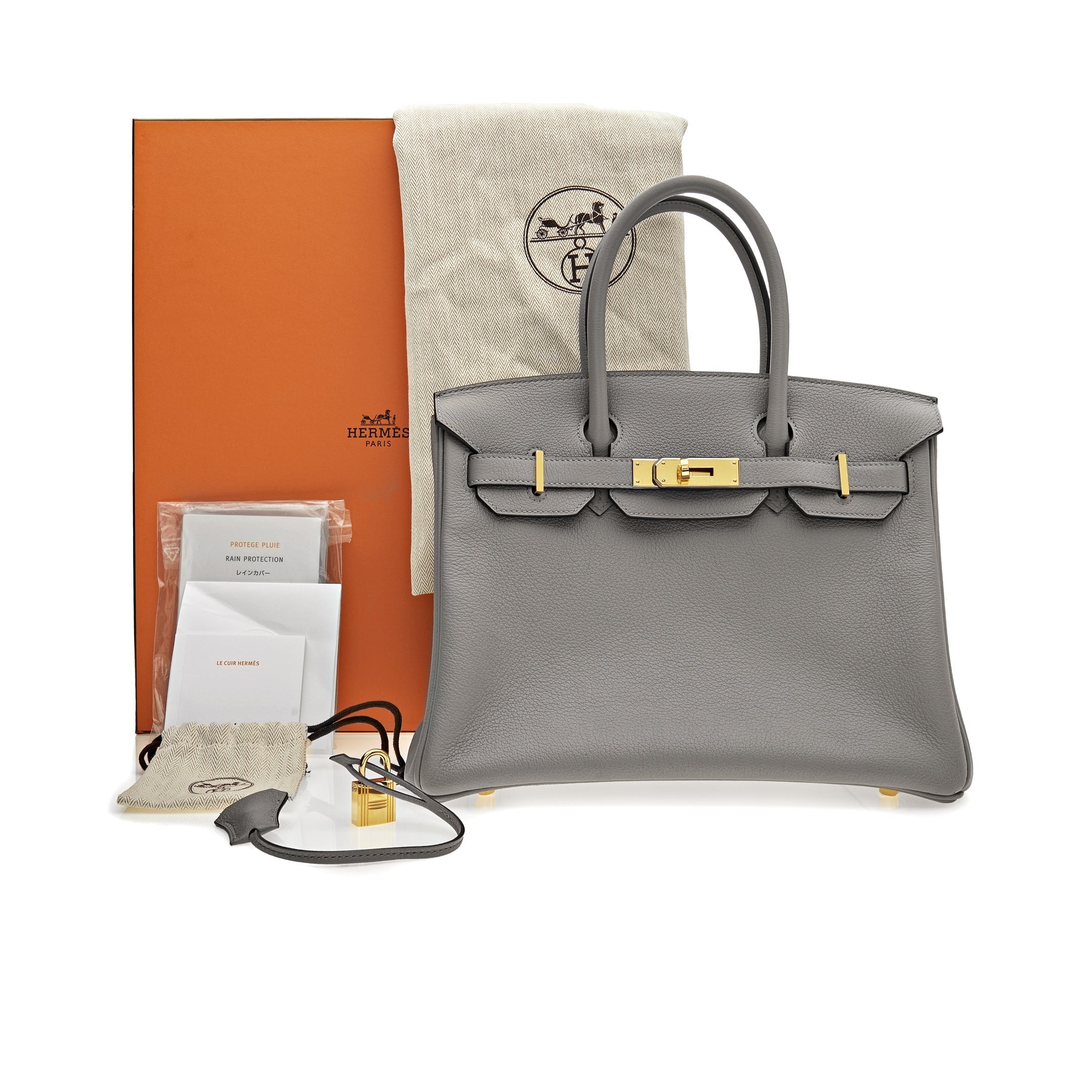 HMS Birkin 30 Gris Togo Leather Gold Hardware.