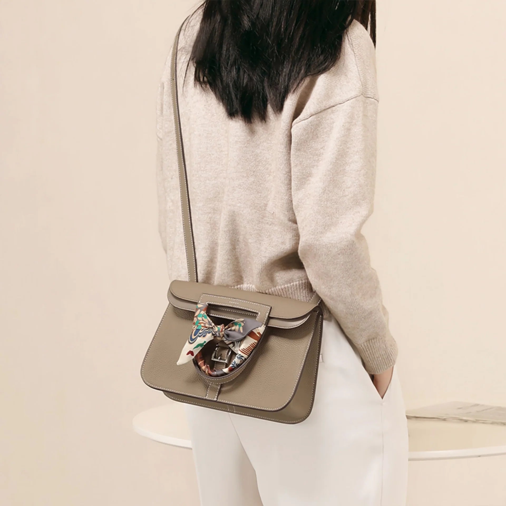 Elegant Women’s Cowhide Shoulder Bag with Bow Scarf and Adjustable Strap Trendha