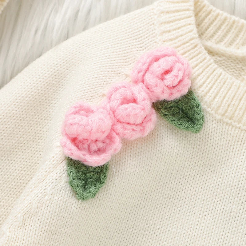 Newborn Baby Girl Long Sleeve Knit Bodysuit with 3D Floral Hat – 2pc Outfit Set Trendha