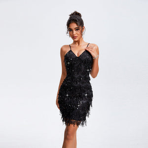 V-neck Sequins Tassel Sleeveless Sling Party Hot Drilling Dress Nyzzle