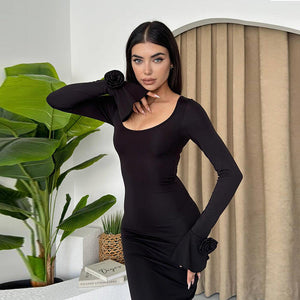 Round Neck Rose Long Sleeve Dress Women Nyzzle