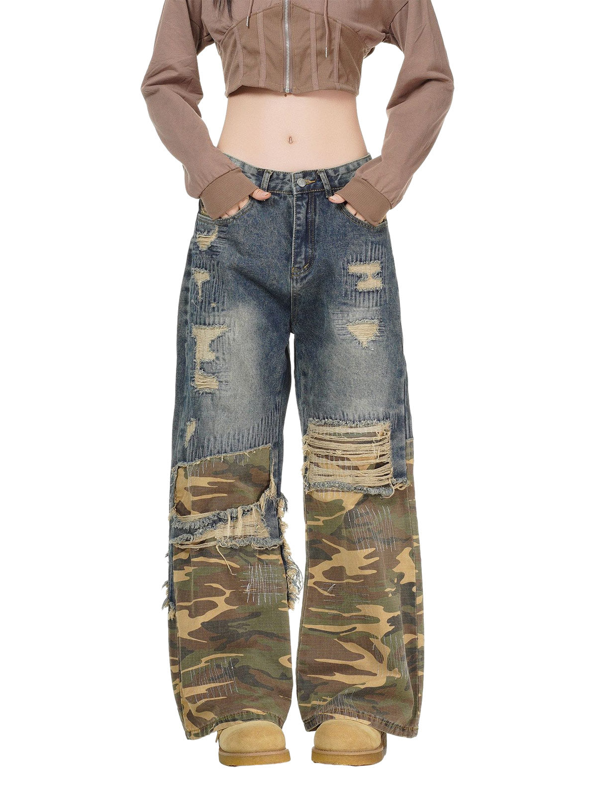 Distressed Camouflage Patchwork Jeans - Goatlv