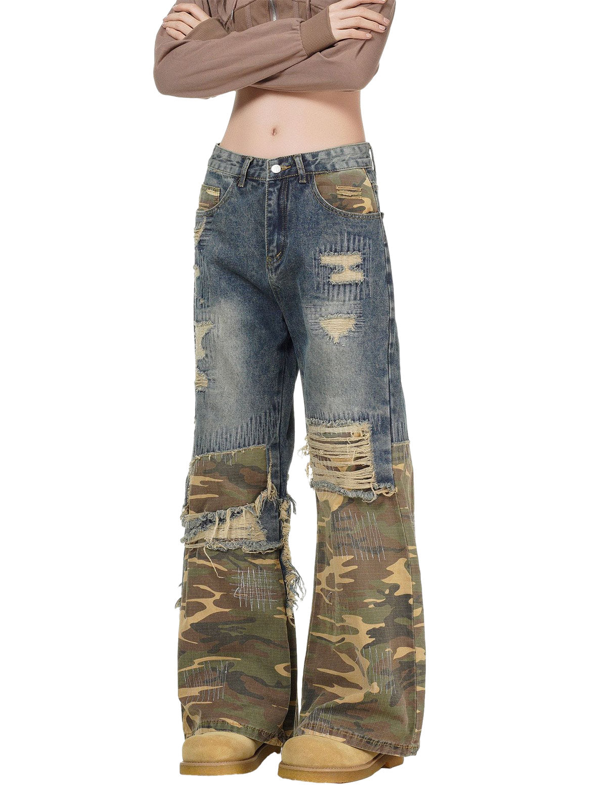 Distressed Camouflage Patchwork Jeans - Goatlv
