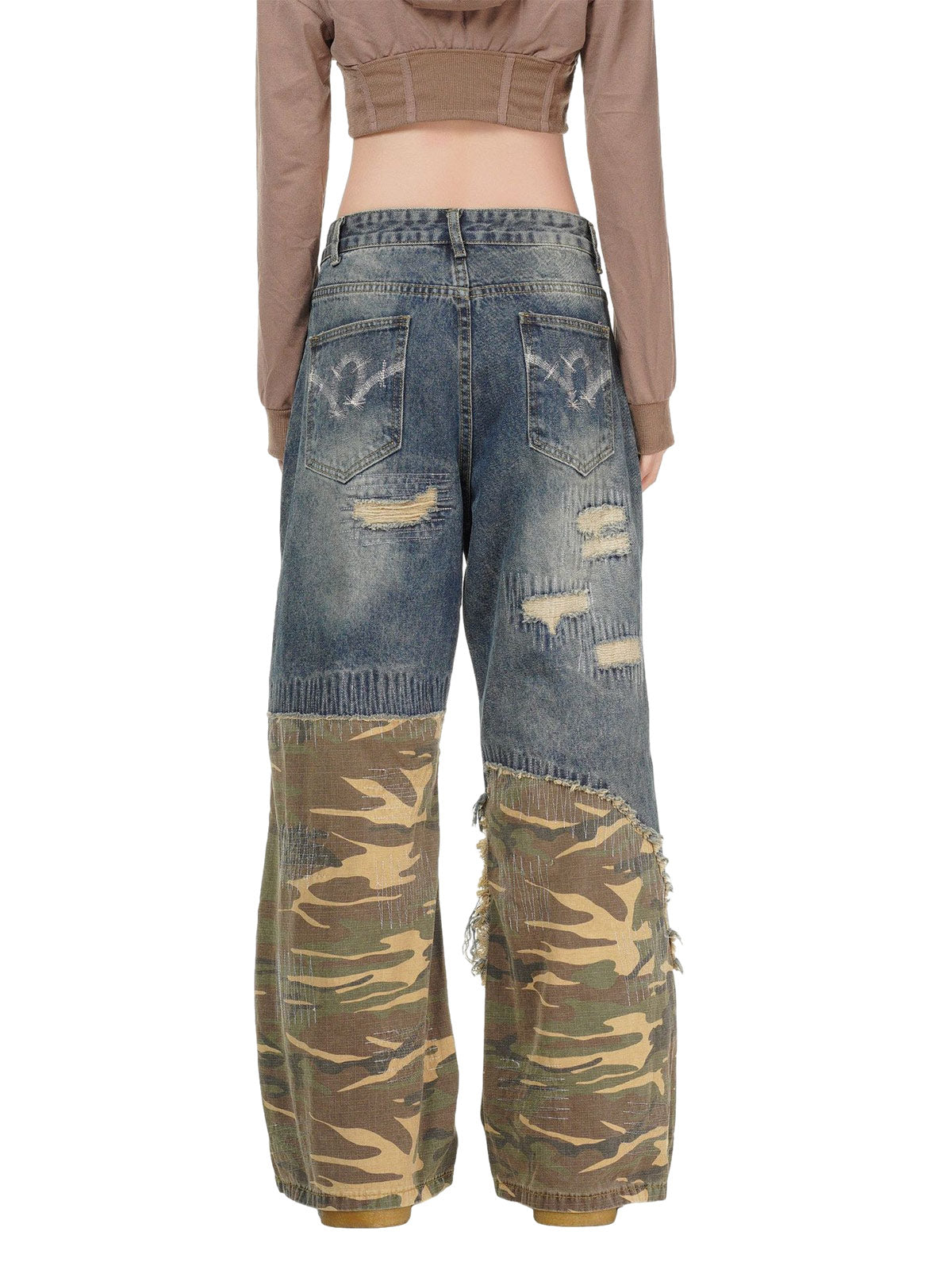 Distressed Camouflage Patchwork Jeans - Goatlv