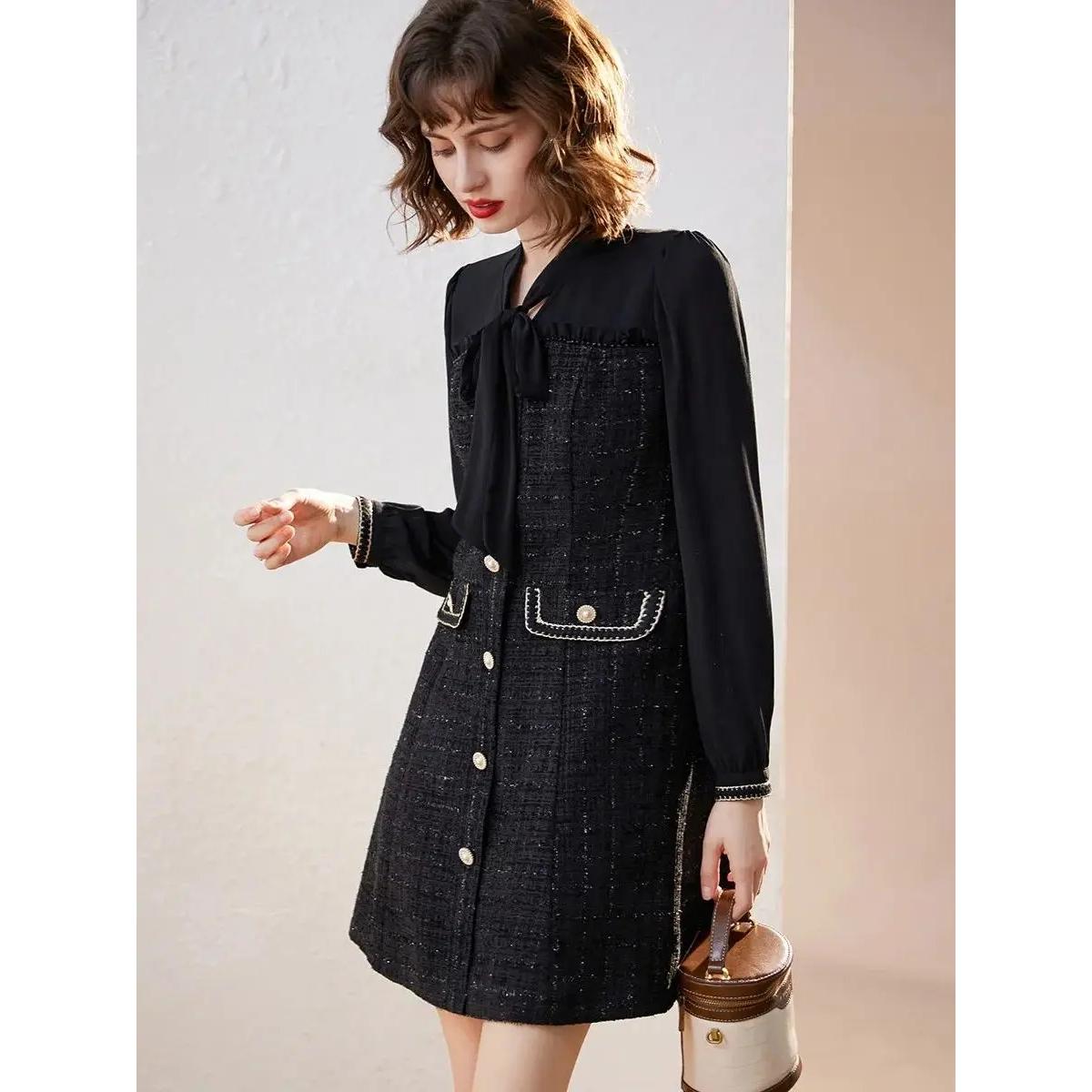 Elegant Bow Lace-up Long Sleeve V-Neck A-Line Dress Nyzzle
