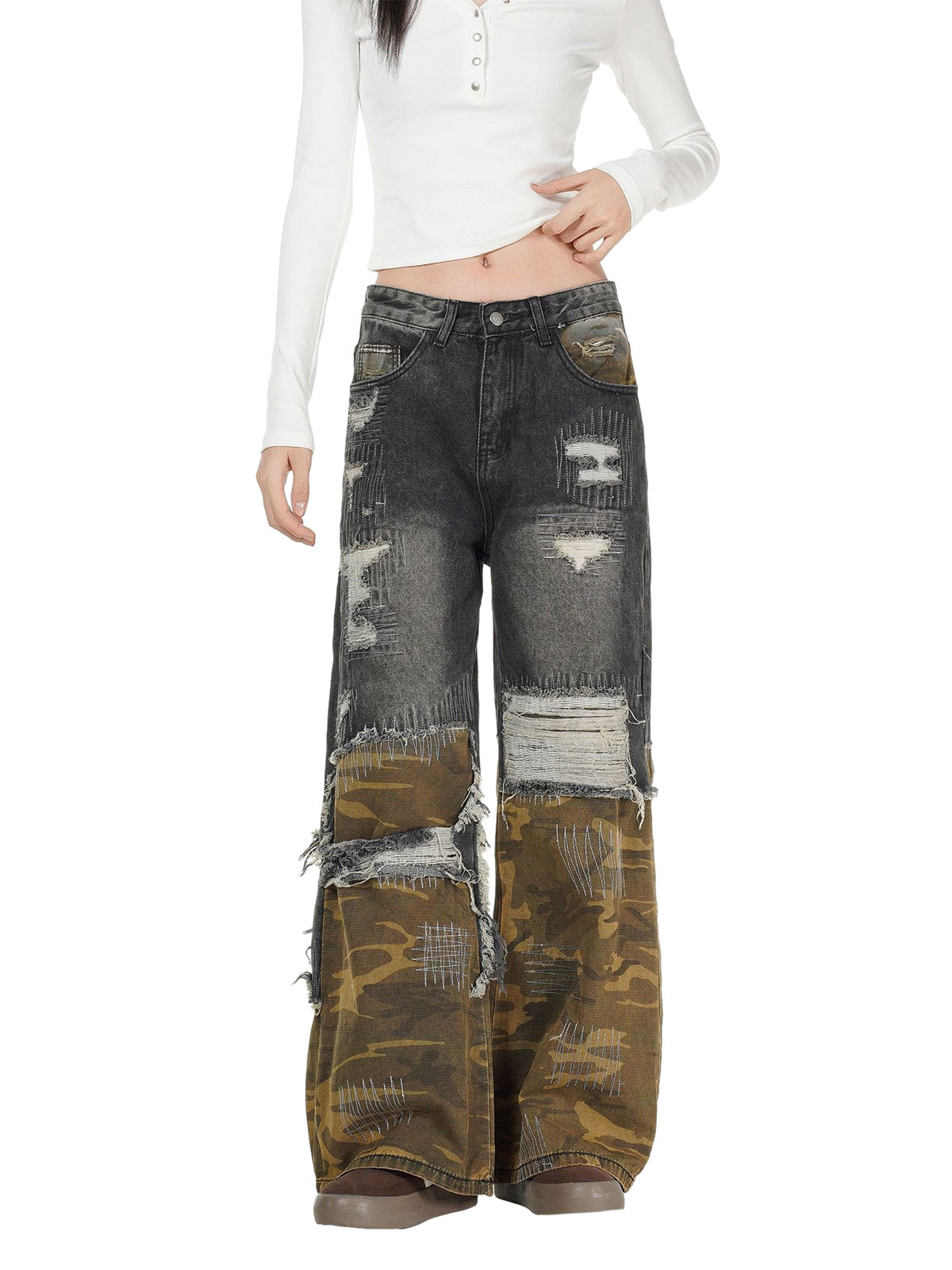 Distressed Camouflage Patchwork Jeans - Goatlv