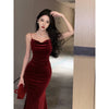 High-grade French Vintage Velvet Waist Trimming Spaghetti Straps Long Dress Nyzzle