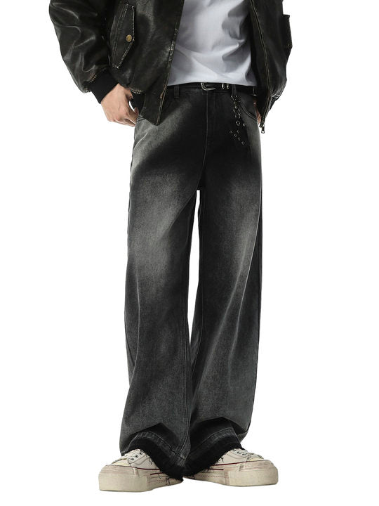 Washed Raw Edge Straight Jeans - Goatlv