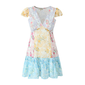 Printed Chiffon Stitching Mini V-neck Dress Nyzzle