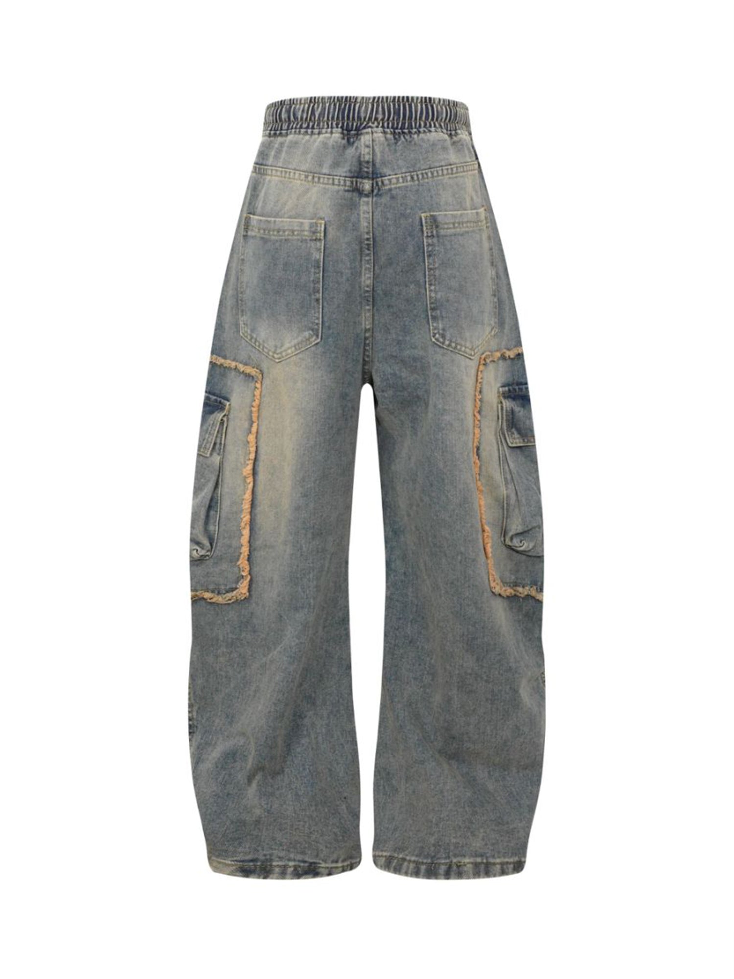Distressed Raw Edge Cargo Drawstring Barrel Jeans - Goatlv