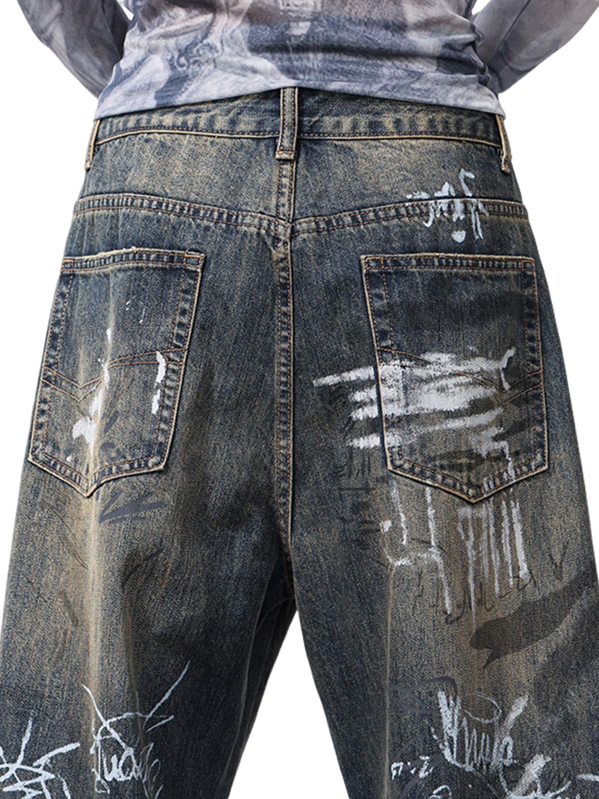 Print Hand-Painted Graffiti Drawstring Baggy Jeans - Goatlv