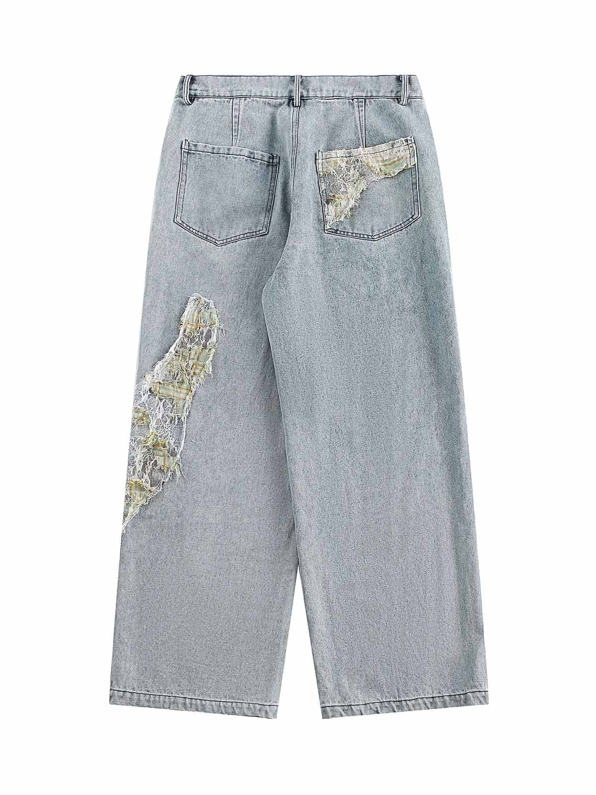 Ripped Lace Patchwork Straight Jeans - Goatlv