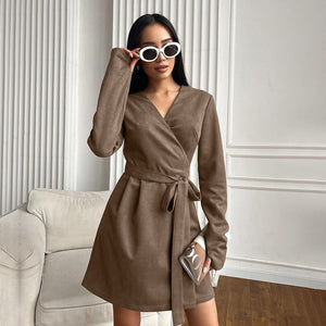 French Style Young Suede V-neck Stomach Blanket Dress Nyzzle