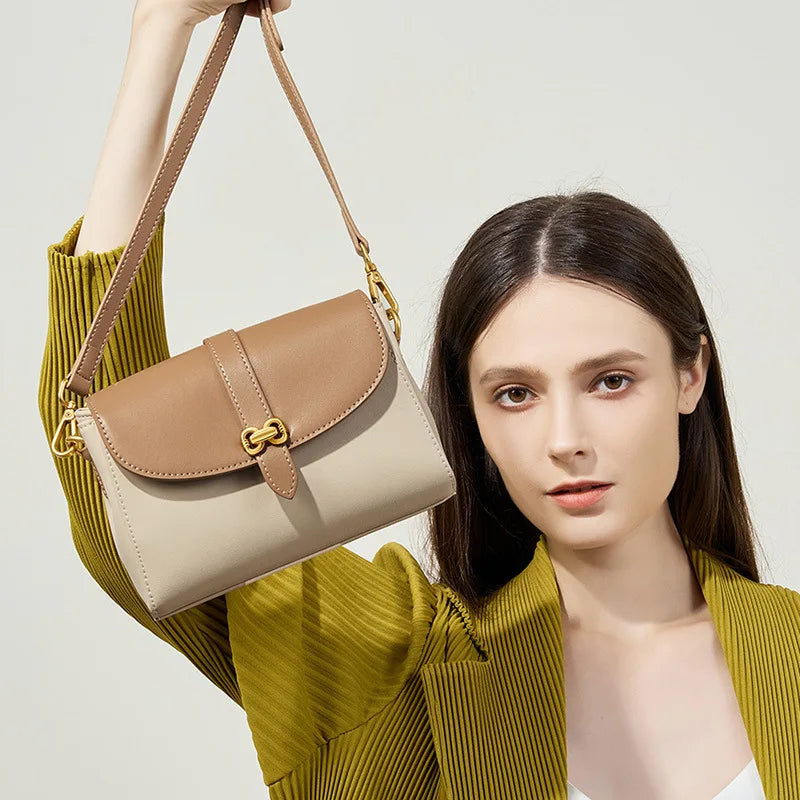 Elegant Small Square Messenger Bag with Gold Buckle & Bow - Leather Shoulder Bag Trendha
