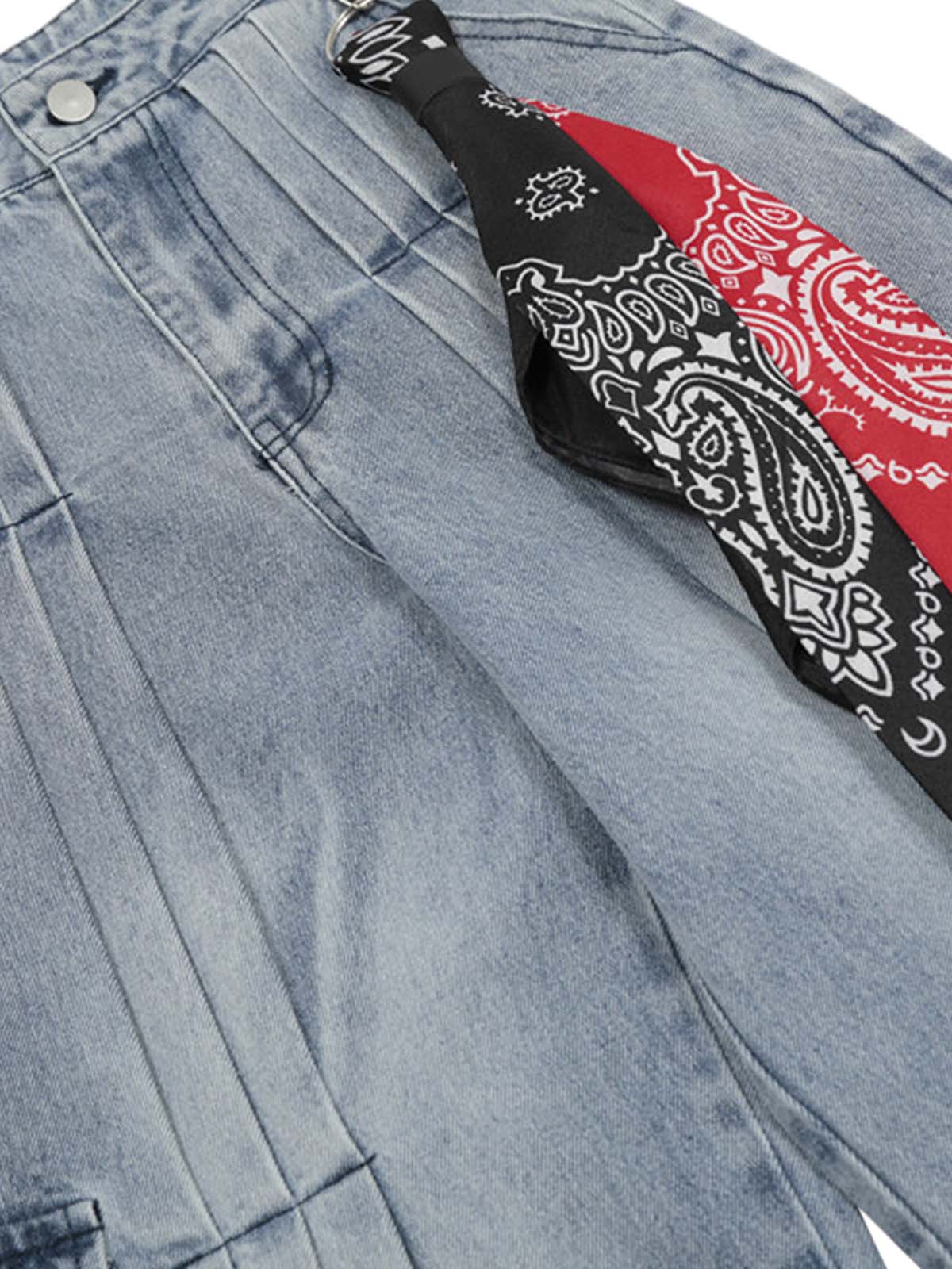 Side-Scarf Pleated Baggy Jeans - Goatlv