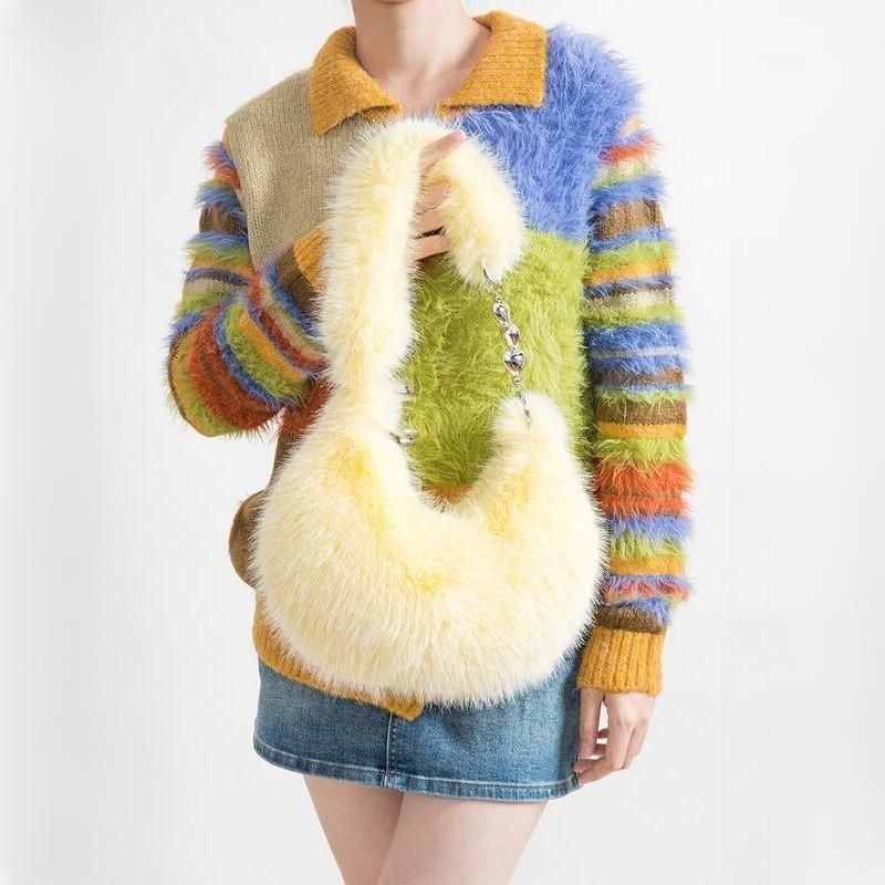 Chic Fuzzy Faux Fur Half Moon Shoulder Bag Trendha