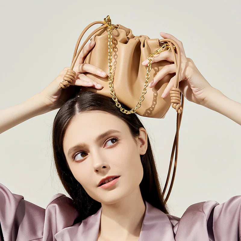 Leather Cloud Chain Handbag - Small Luxury Pleated Bucket Bag Trendha