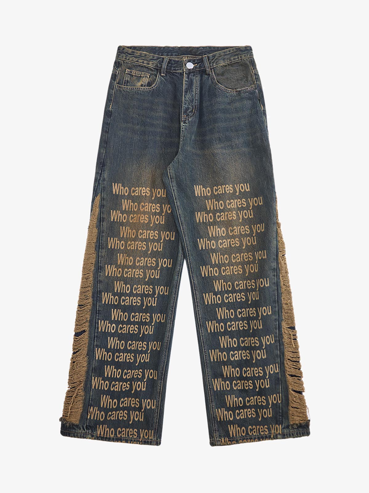 Washed Distressed 'Who Cares You' Print Straight Jeans - 2367 - Goatlv