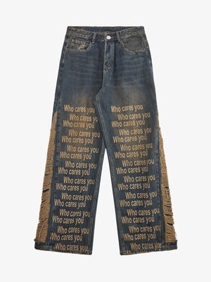 Washed Distressed 'Who Cares You' Print Straight Jeans - 2367 - Goatlv